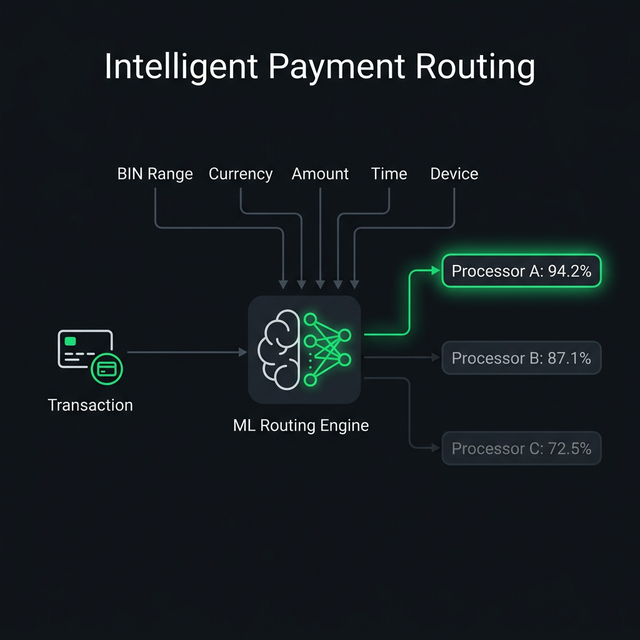 ML routing engine selecting the optimal processor based on transaction features and historical performance data